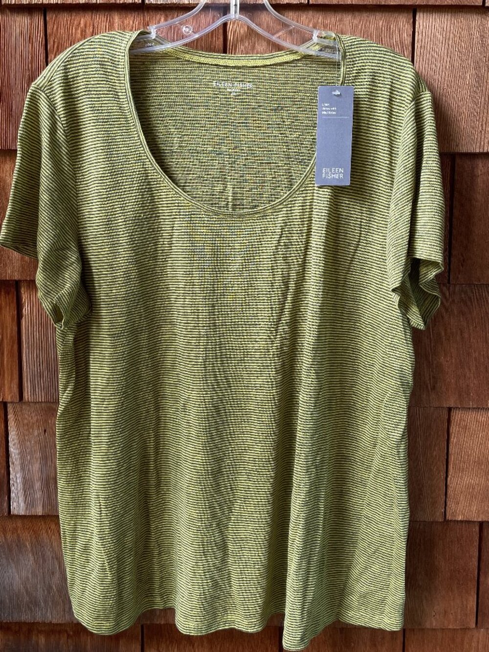 NWT Eileen Fisher Lime Green/Gray Striped Short Sleeve Tee in Women's X-Large